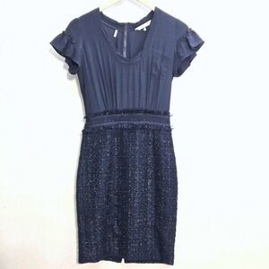 Rebecca Taylor Silk Tweed Shift Dress Sz 0 Navy‎ Holiday Christmas NewYear Party